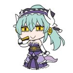  1girl bare_shoulders blue_hair chibi dot_nose dress elbow_gloves eyebrows_visible_through_hair fan fate/grand_order fate_(series) folding_fan full_body gloves hair_between_eyes horn_ornament horns kiyohime_(fate/grand_order) langbazi long_dress long_hair looking_at_viewer obi purple_dress riyo_(lyomsnpmp)_(style) sash simple_background smile solo standing tail white_background white_gloves yellow_eyes 