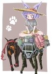  1girl absurdres animal animal_ears bag bandanna barefoot bigdog bucket clothed_animal collar commentary_request doberman dog dog_child_(doitsuken) dog_ears doitsuken ears_through_headwear grey_shirt hat highres indian_style looking_at_another looking_down original paw_print pouch purple_background red_eyes school_bag shirt short_hair short_sleeves shorts sitting slit_pupils spiked_collar spikes straw_hat walking yellow_shorts 