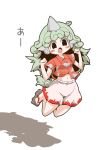  &gt;:o 1girl :o a~_un~ belly_peek black_eyes blush_stickers breasts curly_hair geta green_hair horn jumping kariyushi_shirt komano_aun long_hair navel shorts small_breasts solo tail touhou translated zannen_na_hito 