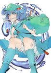  1girl backpack bag bloomers blue_eyes blue_footwear blue_hair boots commentary_request green_hat hair_bobbles hair_ornament hat highres kawashiro_nitori key makita_(vector1525) mouth_hold puffy_short_sleeves puffy_sleeves screwdriver short_sleeves solo touhou two_side_up underwear wrench 