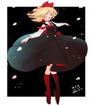  1girl artist_name black_background black_skirt blonde_hair buttons closed_eyes dated full_body gotoh510 hair_ribbon music necktie open_mouth outstretched_arms red_legwear red_neckwear red_ribbon ribbon rumia singing skirt skirt_set solo touhou twitter_username vest 
