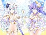  2girls angel angel_wings bare_shoulders black_heart blue_eyes braid breasts cleavage feathered_wings four_goddesses_online:_cyber_dimension_neptune gloves hair_ornament kagura_ittou leotard long_hair looking_at_viewer medium_breasts multiple_girls neptune_(series) purple_hair purple_heart symbol-shaped_pupils twin_braids very_long_hair white_hair white_wings wings 