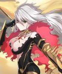  1girl bangs bodysuit breasts closed_mouth collar day expressionless eyebrows_visible_through_hair fate/apocrypha fate/grand_order fate_(series) floating_hair from_side genderswap genderswap_(mtf) green_eyes grey_hair hair_between_eyes holding holding_weapon k_jin karna_(fate) large_breasts long_hair looking_at_viewer outdoors polearm shawl solo spiked_collar spikes tsurime upper_body weapon 