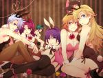  animal_ears annie_(saga_frontier) asellus_(saga_frontier) ass blonde_hair blush breasts brown_hair bunny_tail bunnysuit cleavage doll_(saga_frontier) dress em_crazy emilia_(saga_frontier) eyebrows_visible_through_hair fishnets flower green_eyes green_hair liza_(saga_frontier) long_hair looking_at_viewer multiple_girls rabbit_ears red_eyes rose saga saga_frontier short_hair smile tail thigh-highs 