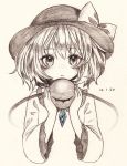  1girl bangs bow gotoh510 greyscale hat hat_bow highres holding komeiji_koishi long_sleeves looking_at_viewer monochrome shirt solo spot_color third_eye touhou traditional_media upper_body wide_sleeves 