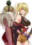  1boy 2girls armpits bangs bare_arms bare_shoulders blonde_hair breasts brown_eyes character_request closed_mouth cowboy_shot dango dark_elf detached_sleeves elf food japanese_clothes katana kimono large_breasts long_hair long_sleeves looking_at_viewer mouth_hold multiple_girls navel off_shoulder parted_lips pointy_ears profile sash sengoku_aky shorts silver_hair sleeveless sleeveless_turtleneck smile soukou_akki_muramasa stomach sword turtleneck twintails upper_body wagashi weapon wide_sleeves 