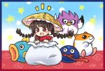  1girl :d ajirogasa bangs black_eyes black_hair blue_background blunt_bangs blush braid brown_hat coo_(kirby) earlobes eyebrows_visible_through_hair flying framed frilled gooey hat in_container in_sack kine_(kirby) kirby_(series) long_hair open_mouth pote_(ptkan) red_eyes rick_(kirby) sack smile star sweatdrop tongue tongue_out touhou twin_braids yatadera_narumi 