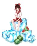  1girl :&lt; absurdres barefoot bow brown_eyes closed_mouth collarbone food fruit hair_bow hair_tubes hakurei_reimu highres ice ice_cube long_hair looking_at_viewer mie_pu red_bow red_skirt short_sleeves sitting skirt solo touhou watermelon 