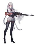  1girl ammunition ammunition_belt bear_hair_ornament belt between_breasts black_footwear black_gloves black_legwear blazer blush bodystocking boots breast_hold breasts dress erect_nipples eyebrows eyebrows_visible_through_hair finger_on_trigger full_body girls_frontline gloves gun hair_between_eyes hair_ornament hair_over_one_eye head_tilt high_heel_boots high_heels holding holding_gun holding_weapon impossible_clothes jacket kishiyo large_breasts long_hair looking_at_viewer machine_gun magazine_(weapon) necktie necktie_between_breasts nose official_art pantyhose parted_lips pk_(girls_frontline) pk_machine_gun pkm pleated_dress red_eyes revision scarf short_dress silver_hair simple_background solo standing strap thigh-highs thigh_boots transparent_background very_long_hair weapon white_background white_dress white_hair white_scarf zettai_ryouiki 