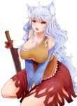  1girl animal_ears arano_oki bare_shoulders bow breasts cleavage collarbone commentary_request frills hatchet large_breasts long_hair messy_hair open_mouth orange_eyes oriental_hatchet sakata_nemuno single_strap solo tail touhou white_hair 