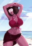  1girl abs afro arms_up bikini black_hair breasts cleavage clouds dark_skin garnet_(steven_universe) highres large_breasts mogiki_hayami navel ocean parted_lips sarong solo steven_universe stomach sunglasses sunlight swimsuit toned water 