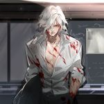  1boy blood blood_on_face bloody_clothes cigarette collarbone edmond_dantes_(fate/grand_order) fate/grand_order fate_(series) hand_in_pocket jacket jacket_removed juer1004 long_hair long_sleeves looking_at_viewer male_focus open_clothes open_shirt parted_lips shirt silver_hair solo wavy_hair yellow_eyes 