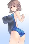 1girl ass bangs blunt_bangs blush breasts brown_eyes brown_hair competition_swimsuit erect_nipples gradient gradient_background highres large_breasts masao one-piece_swimsuit open_mouth original short_hair simple_background solo swimsuit 