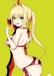  1girl :d aestus_estus ahoge ass back bare_shoulders bikini blonde_hair breasts earrings fate/grand_order fate_(series) green_background green_eyes green_nails jewelry long_hair looking_at_viewer nail_polish nero_claudius_(swimsuit_caster)_(fate) open_mouth pinch_(nesume) sideboob simple_background smile solo striped striped_bikini swimsuit teeth twintails 