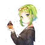  1girl black_serafuku black_shirt blush closed_mouth crying crying_with_eyes_open cupcake eyewear_on_head food from_side glasses green_eyes green_hair gumi highres holding holding_food long_sleeves moong_gya red-framed_eyewear school_uniform serafuku shiny shiny_hair shirt short_hair sidelocks simple_background solo tareme tears vocaloid white_background yowamushi_mont-blanc_(vocaloid) 