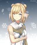  1girl absurdres andonoz au_ra blonde_hair breasts double_bun dragon_horns final_fantasy final_fantasy_xiv gradient gradient_background grey_eyes highres horns looking_at_viewer medium_breasts scales short_hair snowflakes solo upper_body 