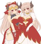  2girls afuro alicia_(granblue_fantasy) aliza_(granblue_fantasy) breasts doraf dress elbow_gloves gloves granblue_fantasy horns large_breasts long_hair mother_and_daughter multiple_girls pointy_ears red_eyes silver_hair 