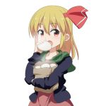  1girl baozi blonde_hair carrying casual cato_(monocatienus) commentary_request eating food hair_ribbon holding hood hooded_jacket jacket looking_at_viewer open_mouth red_eyes ribbon rumia short_hair simple_background solo steam touhou white_background 