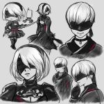  1boy 1girl artist_name blindfold breasts chibi cleavage cleavage_cutout coat collar dress feather-trimmed_sleeves gloves greyscale hairband highres lolitaii medium_breasts mole mole_under_mouth monochrome nier_(series) nier_automata open-back_dress pod_(nier_automata) signature sketch smile sword weapon yorha_no._2_type_b yorha_no._9_type_s 