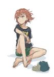  1girl :3 bare_legs barefoot baseball_cap black_shirt blush brown_eyes brown_hair closed_mouth full_body green_hat green_shorts hat hat_removed headwear_removed knee_up looking_to_the_side misaka_mikoto puma_(hyuma1219) shirt short_hair short_sleeves shorts simple_background sitting sketch smile solo tareme to_aru_kagaku_no_railgun to_aru_majutsu_no_index white_background 