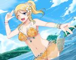  1girl ayase_eli bikini bikini_skirt blonde_hair blue_eyes blue_sky clouds cowboy_shot day dutch_angle front-tie_top highres long_hair looking_at_viewer love_live! love_live!_school_idol_project lovejuice_(elmokun_moe) open_mouth outdoors ponytail salute see-through side-tie_bikini sky smile solo swimsuit wading yellow_bikini 