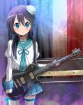  1girl amplifier bangs black_hair blue_eyes blue_ribbon blue_skirt blush electric_guitar guitar hair_between_eyes holding holding_instrument instrument juliet_sleeves les_paul long_hair long_sleeves looking_at_viewer low_twintails original pleated_skirt puffy_sleeves ragho_no_erika ribbon school_uniform serafuku skirt smile solo thigh-highs twintails upper_body white_legwear 