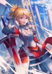  1girl 2017 aqua_eyes armor artist_name blonde_hair character_name darkavey day fate/apocrypha fate_(series) gauntlets high_ponytail holding holding_sword holding_weapon long_hair looking_at_viewer outdoors parted_lips saber_of_red smile solo spaulders sword weapon 