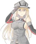  1girl anchor bare_shoulders bismarck_(kantai_collection) blonde_hair blue_eyes breastplate breasts brown_gloves detached_sleeves gloves hand_up hat kantai_collection large_breasts long_hair military military_hat military_uniform peaked_cap sideboob simple_background smile solo tiasis uniform white_background 