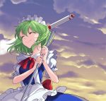  1girl apron bow bowtie closed_eyes commentary_request frilled_apron frills green_hair holding katayama_kei maid_headdress puffy_short_sleeves puffy_sleeves red_bow red_neckwear ruukoto short_hair short_sleeves sky smile solo touhou touhou_(pc-98) 