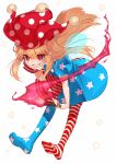  1girl american_flag_dress american_flag_legwear blonde_hair clownpiece dress fairy_wings fire full_body gotoh510 grin hat highres holding jester_cap leaning_forward long_hair pantyhose polka_dot red_eyes red_hat ringed_eyes short_dress short_sleeves simple_background smile solo star star_print striped torch touhou white_background wings 