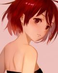  1girl absurdres bangs bare_shoulders blush close-up closed_mouth face from_behind highres leiq lips looking_back original pink_background red_eyes redhead short_hair simple_background solo strapless tareme upper_body 
