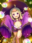  1girl ahoge belt blush fangs fire_emblem fire_emblem:_kakusei fire_emblem_heroes forehead_protector green_hair halloween_costume hat highres long_sleeves looking_at_viewer midriff navel nowi_(fire_emblem) open_mouth pointy_ears shorts sleeves_past_wrists smile solo staff tayashitsu violet_eyes wide_sleeves witch_hat 