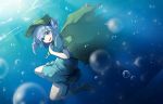  1girl air_bubble backpack bag bangs bare_arms blue_dress blue_eyes blue_footwear blue_hair boots bubble dress full_body green_hat hair_bobbles hair_ornament hat highres kawashiro_nitori key looking_at_viewer pocket puffy_short_sleeves puffy_sleeves rubber_boots short_sleeves sinensian solo touhou two_side_up underwater water 