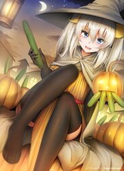  1girl :d black_gloves black_legwear blue_eyes cape cucumber ginhaha gloves happy_halloween hat jack-o&#039;-lantern lantern long_hair moon night night_sky open_mouth original outdoors sitting sky smile solo white_hair witch_hat 