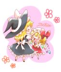  2girls :d ^_^ ascot blonde_hair blush blush_stickers bow chibi closed_eyes dress fang fist_pump flandre_scarlet hair_bow happy hat height_difference kirisame_marisa mob_cap multiple_girls natsune_ilasuto open_mouth petting side_ponytail signature skirt skirt_set smile touhou vest wings witch_hat 