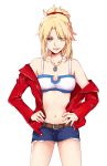  1girl :d belt blonde_hair blue_shorts bra breasts cleavage collarbone cowboy_shot eyebrows_visible_through_hair fang fate/apocrypha fate_(series) gemi_25 green_eyes hair_ornament hair_scrunchie hands_on_hips high_ponytail highres jacket jewelry long_hair looking_at_viewer medium_breasts navel necklace open_clothes open_jacket open_mouth red_jacket red_scrunchie saber_of_red scrunchie short_shorts shorts simple_background smile solo standing stomach torn_clothes torn_shorts underwear white_background white_bra 