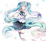 1girl :d absurdly_long_hair black_skirt blue_eyes blue_hair blue_ribbon detached_sleeves floating_hair hair_between_eyes hair_ornament hatsune_miku holding holding_microphone long_hair microphone musical_note neck_ribbon nennen open_mouth ribbon shirt skirt sleeveless sleeveless_shirt smile solo standing tattoo thigh-highs twintails very_long_hair vocaloid white_legwear white_shirt 