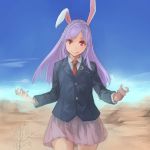  1girl :q animal_ears blue_sky closed_mouth collared_shirt commentary_request cookie_(touhou) cowboy_shot desert eyebrows_visible_through_hair hisui_(cookie) long_hair long_sleeves looking_at_viewer necktie outdoors pleated_skirt purple_hair purple_skirt rabbit_ears red_eyes red_neckwear reisen_udongein_inaba shirt skirt sky solidstatesurvivor solo standing tongue tongue_out touhou walking white_shirt 