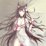  1girl akagi_(azur_lane) animal_ears azur_lane bed_sheet breasts brown_hair choker cleavage collarbone from_above groin large_breasts long_hair looking_at_viewer lying no_panties on_back parted_lips red_eyes red_ribbon ribbon smile solo very_long_hair wolf_ears wrist_ribbon 