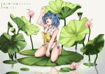  1girl absurdres barefoot blue_eyes blue_hair blush breasts eyebrows hair_bobbles hair_ornament highres kawashiro_nitori kneeling long_hair looking_away looking_up medium_breasts mie_pu open_mouth reflection smile solo touhou translation_request twintails 