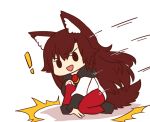  ! 1girl :d animal_ears brown_hair chibi dress full_body hand_on_own_knee imaizumi_kagerou jumping landing long_hair long_sleeves looking_at_viewer one_knee open_mouth simple_background smile solo tail touhou triangle_mouth very_long_hair white_background wolf_ears wolf_tail wool_(miwol) 