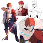  1boy bare_chest character_sheet emiya_shirou fate/grand_order fate_(series) glowing_tattoo igote juer1004 limited/zero_over male_focus orange_hair sword weapon yellow_eyes 