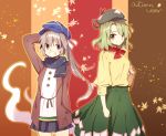  2girls adapted_costume autumn blue_eyes flat_cap ghost_tail green_eyes green_hair hat jacket leaf makuwauri maple_leaf mononobe_no_futo multiple_girls open_clothes open_jacket ponytail scarf silver_hair skirt soga_no_tojiko touhou 