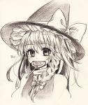  1girl bangs bow braid candy eating food gotoh510 greyscale hair_bow hat hat_bow highres kirisame_marisa lollipop long_hair looking_at_viewer monochrome side_braid solo touhou traditional_media upper_body witch_hat 