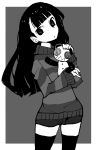  1girl bangs blunt_bangs doll dowman_sayman greyscale highres long_hair looking_at_viewer monochrome sasa_kazamori shorts sleeves_past_wrists solo striped striped_sweater sweater thigh-highs un-go 