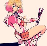  1girl blonde_hair cellphone from_side gwen_poole gwenpool jisoo_kim katana leotard looking_at_viewer marvel multicolored_hair phone pink_hair pink_lips pouch smartphone solo squatting superhero sword two-tone_hair weapon 