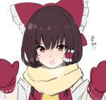  1girl :o bangs blush bow brown_eyes brown_hair detached_sleeves eyebrows_visible_through_hair hair_bow hair_tubes hairband hakurei_reimu leon_(mikiri_hassha) long_sleeves looking_at_viewer mittens nose_blush open_mouth red_bow scarf sidelocks simple_background solo touhou upper_body white_background 