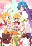  1girl 2boys :3 apron blonde_hair blue_eyes bow brother_and_sister butterfly cat clouds collar cup cupcake dessert doughnut dress eating food hair_between_eyes hair_ornament hair_ribbon hairclip headband holding holding_cup holding_food kagamine_len kagamine_rin kaito looking_at_viewer looking_back macaron multiple_boys mushroom nail_polish neck_ribbon open_mouth outdoors pants plate polka_dot ribbon sailor_collar scarf scarf_bow short_hair short_sleeves siblings sitting sleeves_past_wrists steam striped table teacup teapot twins vocaloid yoshiki 