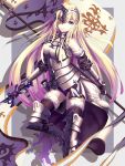  absurdres alternate_eye_color armor armored_boots armored_dress banner black_gloves black_legwear blonde_hair blue_eyes boots borrowed_garments dress fate/apocrypha fate_(series) fingerless_gloves floating_hair fur_trim gloves heterochromia highres holding holding_sword holding_weapon long_hair looking_at_viewer one_leg_raised panties parted_lips purple_panties ruler_(fate/apocrypha) smile sword thigh-highs underwear very_long_hair weapon white_dress xi_zhujia_de_rbq yellow_eyes 