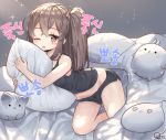  1girl ;o artist_name bangs bare_arms bed_sheet black_camisole black_shorts blanket blush brown_eyes brown_hair camisole eyebrows_visible_through_hair girls_frontline groin hair_ornament highres korean long_hair looking_at_viewer midriff on_bed one_eye_closed open_mouth pillow pillow_hug scar scar_across_eye short_shorts shorts side_ponytail sleeveless solo sparkle stuffed_animal stuffed_cat stuffed_toy tandohark translation_request ump45_(girls_frontline) white_pillow 